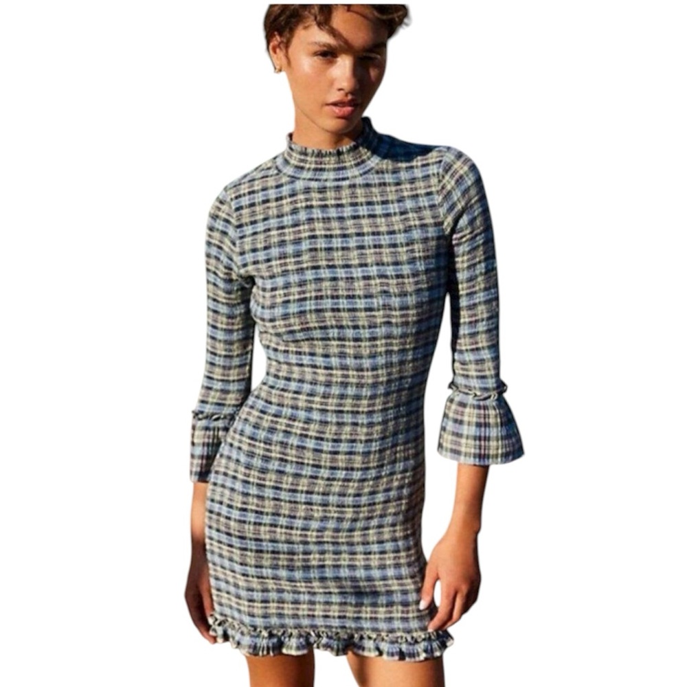 Free People Sage Autumn Chill Plaid Mini Dress Size Small